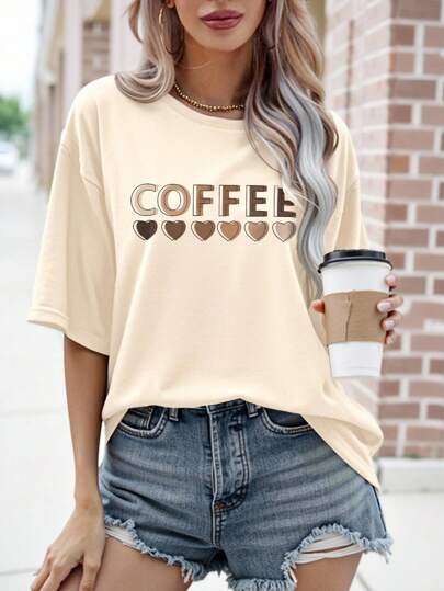 ReShift Plus Size Women Summer Casual Round Neck Short Sleeve T-Shirt With Coffee And Heart Print