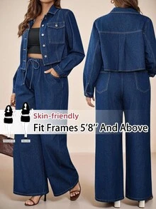 SHEIN Tall CURVE Plus Size 2PCS Women's Fall Autumn Back To School Homecoming Halloween Christmas Business Casual Woman Country Vintage Modest Old Money Business Casual Woman Work Clothes Teacher Outfits For Women Church Outfits WomenSolid Color Long Sleeve Top And Jeans Two Pieces Set Blue Wide Leg Jeans Button Up Shirt Women Denim Outfit Women