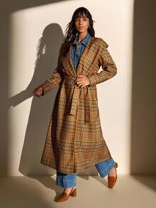 CLARA VERO Karierter Mantel mit Kapuze, Gürtel in Taille, klassischer Kragen, warmes Gewebe, stilistisch, perfekt für Herbst- und Winteroutfits - Verschiedenfarbig - Übersicht 7