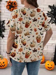 EMERY ROSE Áo thun tay ngắn cổ chữ V in hình quả bí ngô thường ngày rộng rãi cho nữ mặc Halloween cỡ lớn, trang phục Halloween cho lễ hội đêm đi chơi - Nhiều màu - Xem 2
