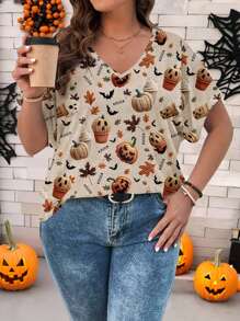 EMERY ROSE Áo thun tay ngắn cổ chữ V in hình quả bí ngô thường ngày rộng rãi cho nữ mặc Halloween cỡ lớn, trang phục Halloween cho lễ hội đêm đi chơi - Nhiều màu - Xem 3