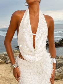 Opulessa 1 Peça Top Drapeada com Decote de Tecido de Lantejoulas de Cor Sólida para Mulheres, Ideal para Festas de Outono/Inverno, Natal, Ano Novo, Convidados de Casamento, Formatura Elegante, Baile de Formatura de Luxo - Branco - Visão 3
