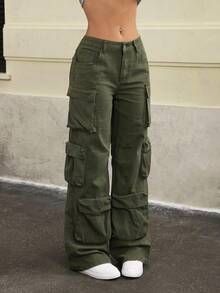 Jeanoix Solid Color Pocket Casual Versatile Wide Leg Jeans - Army Green - View 1