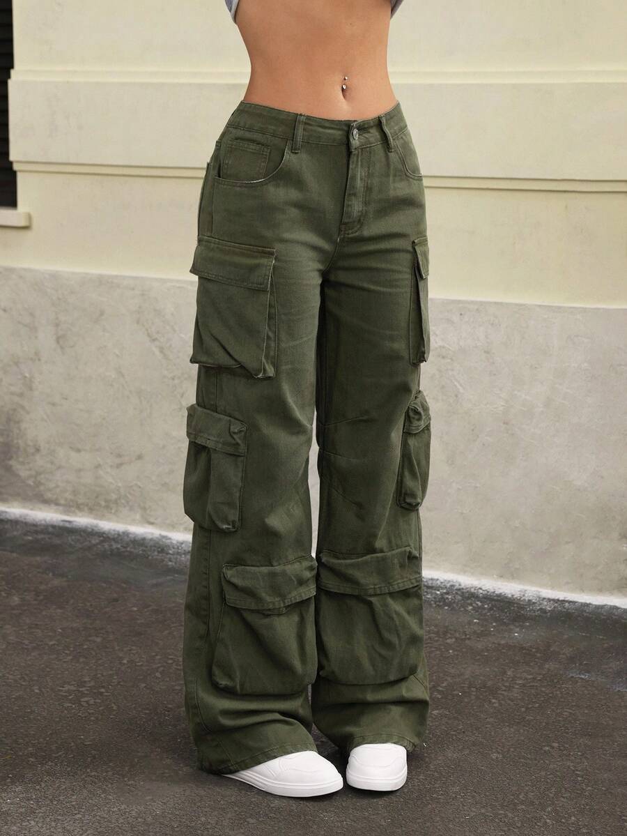 Jeanoix Solid Color Pocket Casual Versatile Wide Leg Jeans - Army Green - View 1