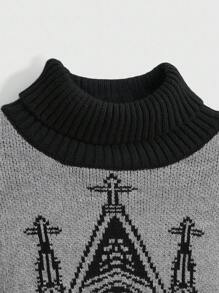 ROMWE Áo len tay đèn lồng cổ cao họa tiết lâu đài Gothic Dark Halloween dành cho nữ - Màu xám đen - Xem 3