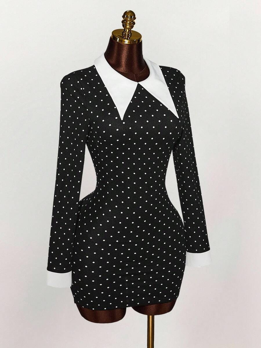 Y2K Amplova Polka Dot Top Women's Wednesday Contrast Color Collar Long Sleeve Shirt Collar Fashionable Mini Dress Halloween Dress - Black - View 1