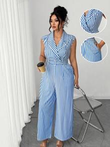 Elenzga 大码女式优雅条纹无袖连体裤 - 藍色 - 查看 7