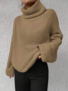EURMUSE Solid Color Turtleneck Batwing Sleeve Sweater - Camel - View 5