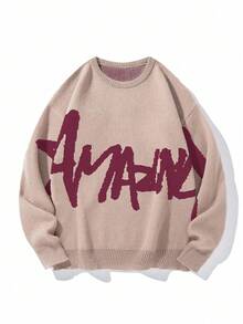 Chillumni Men's Casual Letter Pattern Crew Neck Long Sleeve Loose Knit Sweater, Autumn - Khaki - View 1