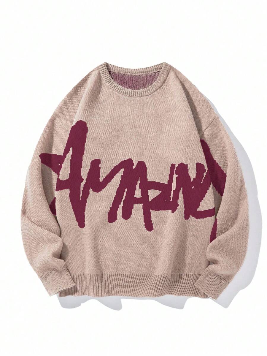 Chillumni Men's Casual Letter Pattern Crew Neck Long Sleeve Loose Knit Sweater, Autumn - Khaki - View 1