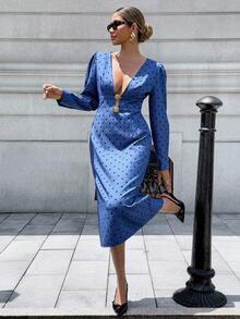 Chiquease Women's Polka Dot Print Deep V-Neck Long Sleeve Dress Fall Cloth For Women - Blue - View 5