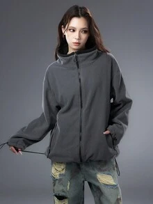Bloopia Jachetă din fleece cu fermoar și guler înalt, culoare solidă, casual, pentru femei, toamnă - Gri - Vizualizare 1