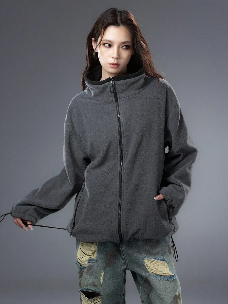 Bloopia Jachetă din fleece cu fermoar și guler înalt, culoare solidă, casual, pentru femei, toamnă - Gri - Vizualizare 1