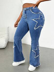 Dripcurv Quần jeans ống loe bó màu xanh denim cỡ lớn thường ngày - Rửa tối - Xem 3