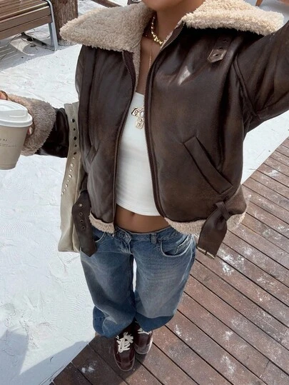 Muchica Women's Brown Faux Fur Trim Short Jacket For Going Out Outfits, Streetwear, Y2K Clothes, Autumn/Winter,Fall