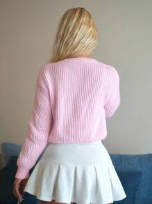 Selianne Women's New Autumn/Winter Round Neck Sweet Casual Bowknot Decor Drawstring Design Fitted Short Cardigan Top Fall For Women, Pink - Pink - View 7