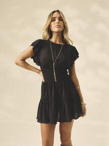 Aralina Fall/Winter Ruffled Boho Style Little Black Dress With Lace Trim Detail And Ruffles Fit And Flare Mini Dress For Christmas Day Outfit And Office Outfit - Black - View 7