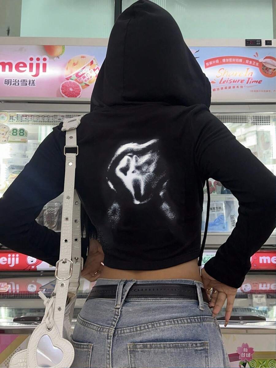 SHEIN EZwear 1pc Women's Screaming Ghost Face Graphic Zippered Hoodie For Fall And Winter,Long Sleeve Tops Back To School Fall And Winter Clothing Autumn And Winter - Black - View 1