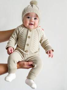 SHEIN 2件套针织新生儿连体衣带绒球帽男婴1个月100天摄影服装婴儿针织纽扣开襟毛衣拍照服装 - 杏色 - 查看 1