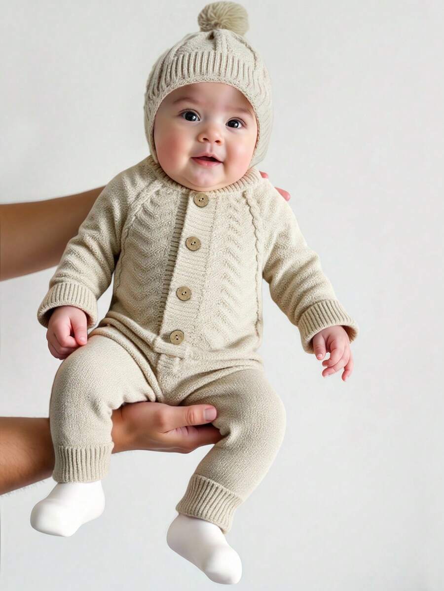 SHEIN 2件套针织新生儿连体衣带绒球帽男婴1个月100天摄影服装婴儿针织纽扣开襟毛衣拍照服装 - 杏色 - 查看 1