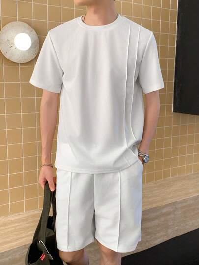 SHEIN Mirajuku 青少年/年轻男士舒适华夫格纹理面料宽松休闲 T 恤套装，适合日常休闲穿着