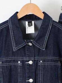 SHEIN 2pcs/Set Teen Girl Navy Blue Denim Lapel Long Sleeve Cropped Jacket & Pleated Wide Leg Pants,Korean Style Denim Set, Two Piece Denim Set, Wide Leg Jeans Kids Jean 2 Piece Set Fall Winter