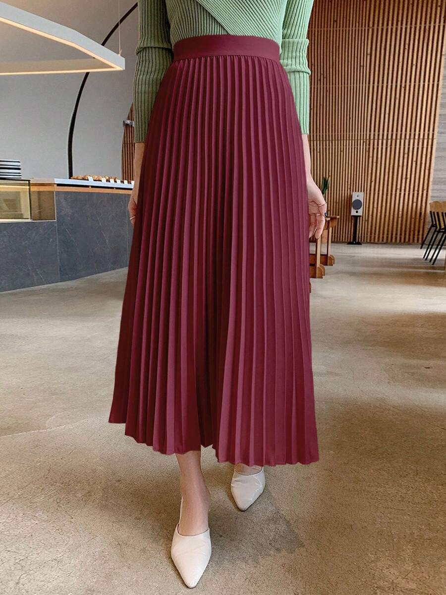 DAZY Solid Color Elegant Pleated Women's Skirt, Spring/Summer Winter Women Skirts - Burgundy - View 1