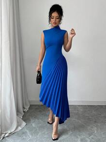 Elenzga 女士优雅时尚通勤休闲度假连衣裙，无袖不对称领腰部合身不对称褶皱下摆拼接纯色