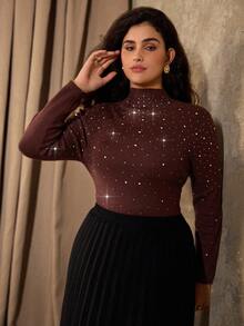 Flirla Áo len dệt kim cổ lọ tay dài đính đá pha lê cỡ lớn cho nữ, mùa thu/đông - Cà phê nâu - Xem 6