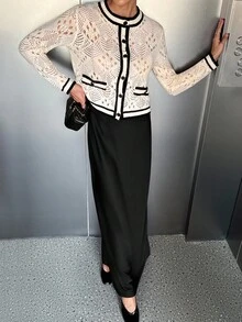 Siren Gaze Áo khoác cardigan tay dài khoét nút cài phía trước họa tiết tương phản dành cho nữ vào mùa thu/đông - Màu be - Xem 4