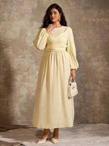 Flirla Große Größen Maxikleid für Damen, lässig-elegant, langärmlig, einfarbig in sanftem Gelb, französischer romantischer Stil, geeignet für Büro, Urlaub, Frühling/Herbst/Winter - Gelb - Übersicht 4