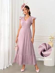 Ellevyn 女式褶皱荷叶边袖收腰闪亮优雅连衣裙，修身，适合日常穿着和聚会，春夏季 - 粉色 - 查看 13