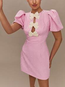 Enchnt 女士珍珠蝴蝶结装饰短袖连衣裙 - 粉色 - 查看 3
