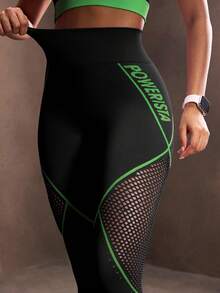 Powerista Women's High Waist Breathable Comfortable Hollow Out Contrast Color Slim Fit Leggings, Compression Workout Leggings - Black and Green - View 5