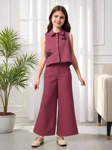 SHEIN 2Pcs/Set Tween GirlsApricot Sleeveless Printed Shirt + Wide-Leg Pants Suit, Comfortable Casual Vacation Outfits For Spring & Summer - Burgundy - View 10
