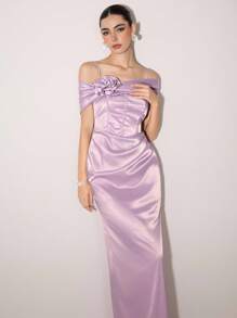 Poshira 女士不对称领口荷叶边优雅鸡尾酒会礼服，带有 3D 花卉装饰 - 紫色 - 查看 5