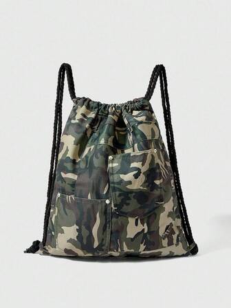 Grunge Punk Zaino vintage con chiusura a coulisse, ampia capacità, multi-tasche, motivo mimetico, casual e versatile, adatto per pendolarismo, attività sociali, shopping