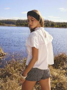 Aralina Fall/Winter Chic Poplin Broderie Detail Puff Sleeve HIgh Neck Short Sleeve Ruffle Shirt Perfect For Office Outfits For Women And Christmas Day Fairycore Flowy Babydoll Top Elegant Top For Vacation And Festival Outfits - White - View 2