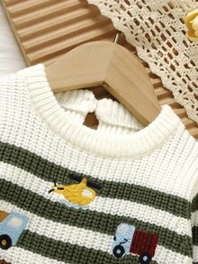 SHEIN 可愛卡通刺繡幼兒男嬰毛衣，棕色條紋秋季針織套頭衫，適合家庭穿搭，柔軟長袖圓領休閒針織衫 - 咖啡棕 - 查看 4