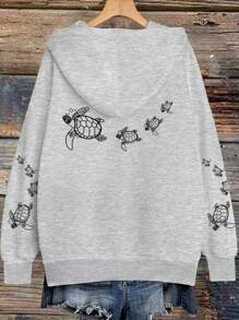 EMERY ROSE Plus Size Turtle Printed Graphic Hot Selling Draw Rope Sweatshirt Fall Cloth For Women Winter Autumn - Light Grey - View 3