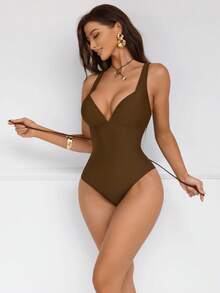 Shapewave Women's Brown Patchwork Push-Up Tummy Control One-Piece Swimsuit With Tying Straps, Backless Design, Elegant & Sexy For Party, Pool - Coffee Brown - View 4
