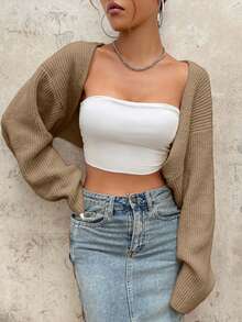 EURMUSE Y2K Grunge Drop Shoulder Open Front Crop Cardigan Without Tube Top - Camel - View 3