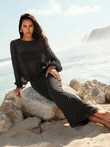 女式休闲度假风格波尔卡圆点印花灯笼袖露背开衩下摆连衣裙，春秋 - 黑色 - 查看 4