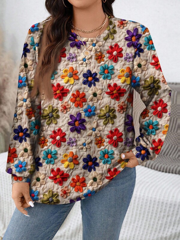 EMERY ROSE Sudadera holgada de cuello redondo con estampado floral tropical vintage elegante, talla grande, otoño/invierno