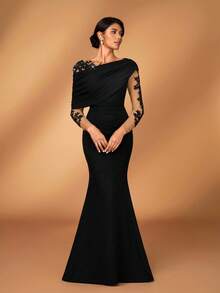 Serin 优雅浪漫奢华黑色弹力针织撞色网眼不对称荷叶边肩部美人鱼下摆连衣裙，适合晚会、单身派对、约会、舞会、度假、婚礼、新娘母亲礼服