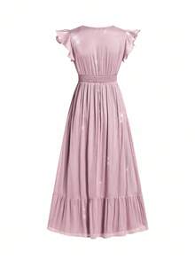 Ellevyn 女式褶皱荷叶边袖收腰闪亮优雅连衣裙，修身，适合日常穿着和聚会，春夏季 - 粉色 - 查看 5