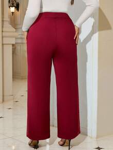 SHEIN Tall CURVE Plus Size Elegant Commuter Rhinestone Patchwork Wide Leg Pants - Burgundy - View 2