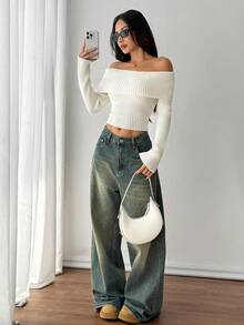 SHEIN PETITE Women's Y2K Flannelette Off Shoulder Women Sweaters,White, Winter Clothes For Women,Casual Outfit For Women Off The Shoulder Long Sleeve Off Shoulder Sweater Off The Shoulder Crop Top,Sexy, Elegant, White Solid Sweater,White Top