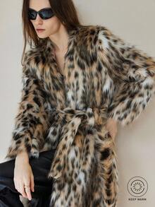 Aveloria Modichic 豹纹V领系带奢华长款喇叭人造皮草大衣，欧美时尚风格 - 彩色 - 查看 1