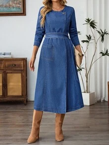 EMERY ROSE 女式圆领长袖口袋设计休闲长款牛仔连衣裙 - 深色水洗藍 - 查看 4